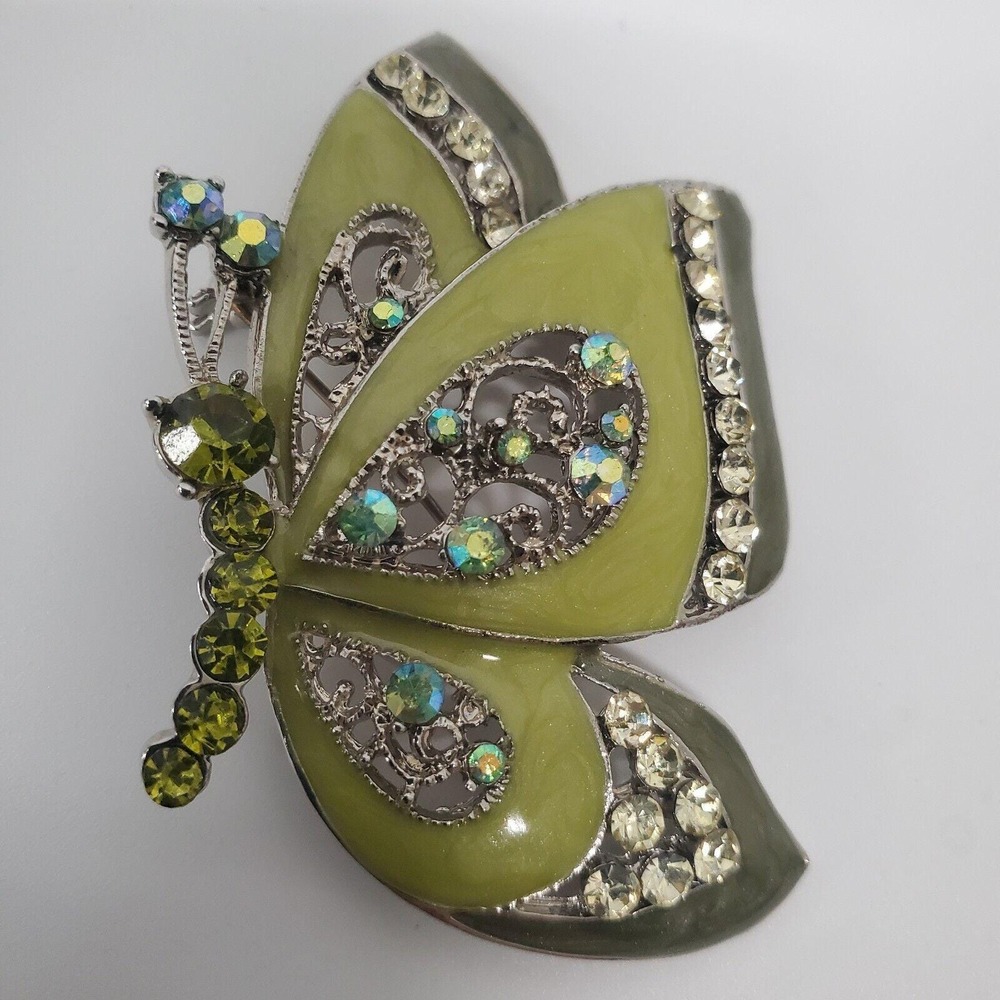 RMN Butterfly Brooch Women OS Green Enamel Rhinestone Silver Tone Pin‎ Vintage